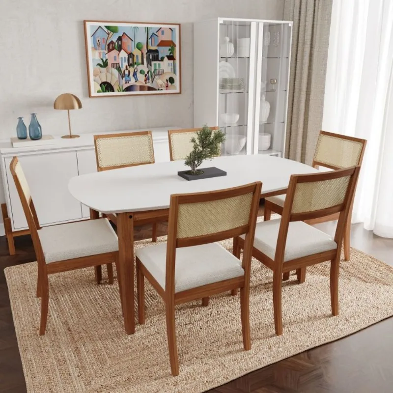 Conjunto Mesa de Jantar Tampo MDF 1,60m e 6 Cadeiras Tiê CabeCasa MadeiraOriginals Marrom Amendoa/Bege claro