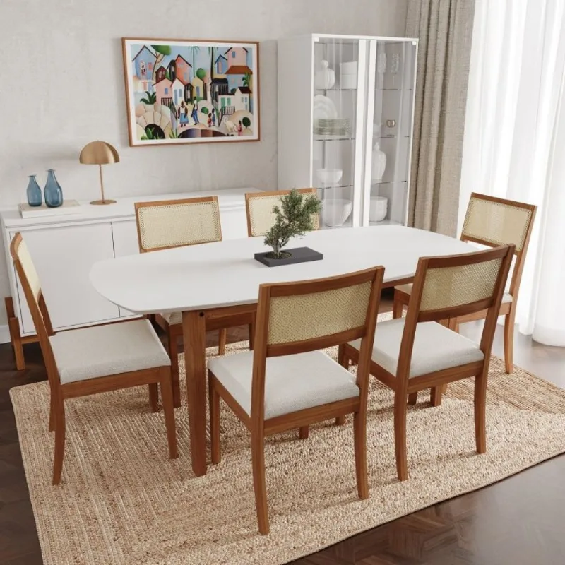 Conjunto Mesa de Jantar Tampo MDF 1,80m e 6 Cadeiras Tiê CabeCasa MadeiraOriginals Marrom Amendoa/Bege claro
