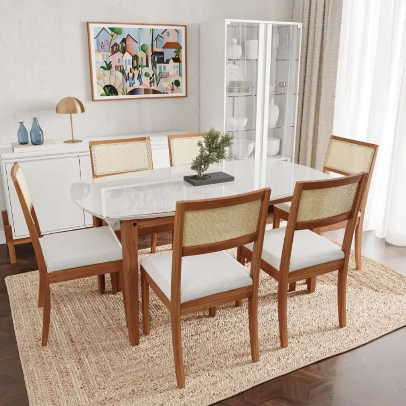 Conjunto Mesa de Jantar Tampo Vidro e MDF 1,60m e 6 Cadeiras Tiê CabeCasa MadeiraOriginals Marrom Amendoa/Bege claro