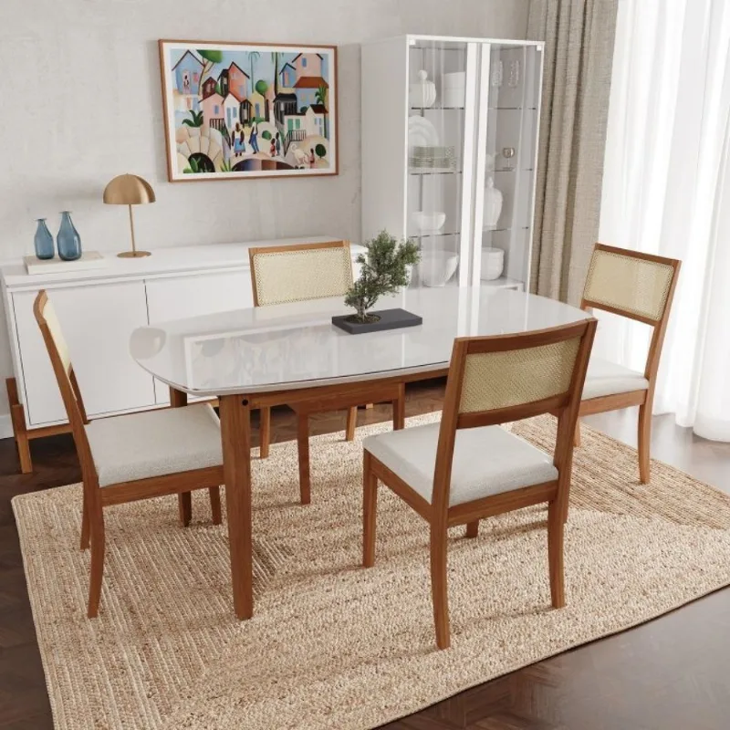 Conjunto Mesa de Jantar Tampo Vidro e MDF 1,60m e 4 Cadeiras Tiê CabeCasa MadeiraOriginals Marrom Amendoa/Bege claro