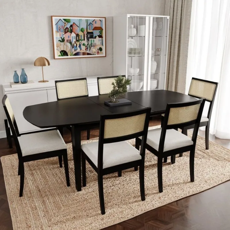 Conjunto Mesa Extensível Oval 6 Cadeira Madeira Maciça Encosto Telado Tiê CabeCasa MadeiraOrigina Preto/Bege Claro