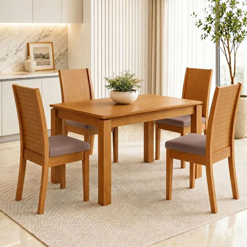 Conjunto Mesa Retangular 120cm 4 Cadeiras Athenas Móveis Lopas Amêndoa Clean/suede Animale Bege