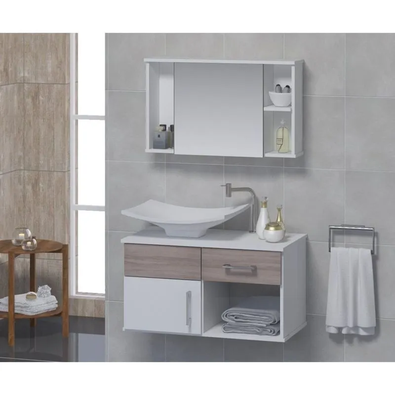 Conjunto Gabinete Para Banheiro Com Cuba E Espelheira New Stilo Contarini Ciliegio