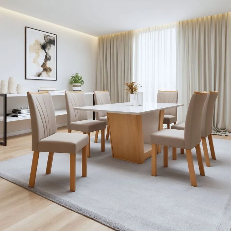 Conjunto Sala De Jantar Mesa 170x90cm Tampo Mdf/vidro Com 6 Cadeiras Apogeu Móveis Lopas Amêndoa Clean/off White/naturale Creme