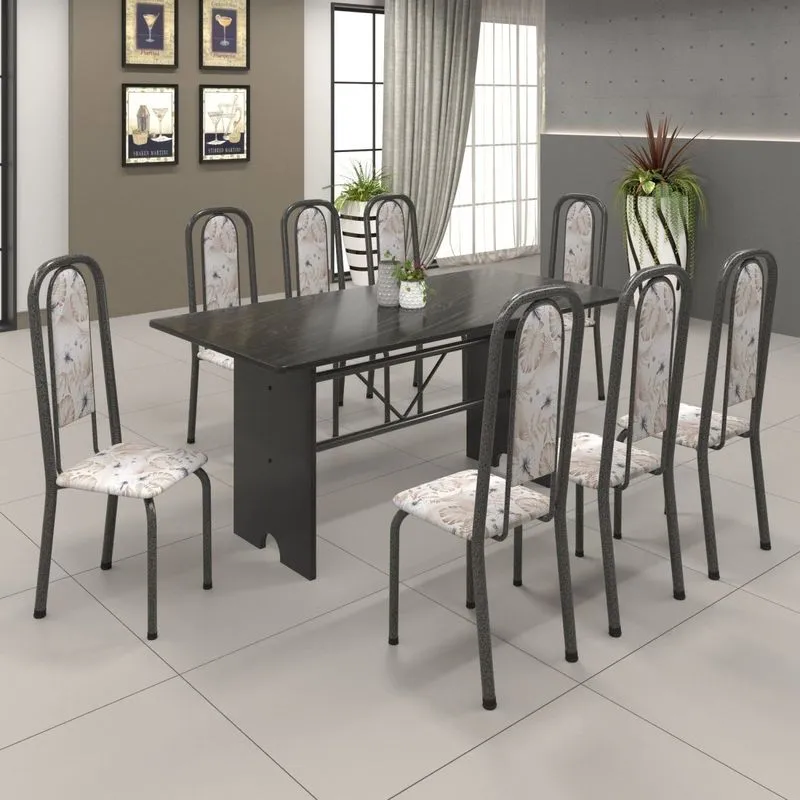 Conjunto De Mesa 180x75cm Tampo Ardósia Com 8 Cadeiras Lavínea Soma Móveis Martelado Prata/botanic Bege