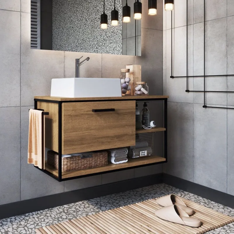Gabinete Suspenso para Banheiro 80cm com Cuba Marrom/Preto/Mel Preto/Mel