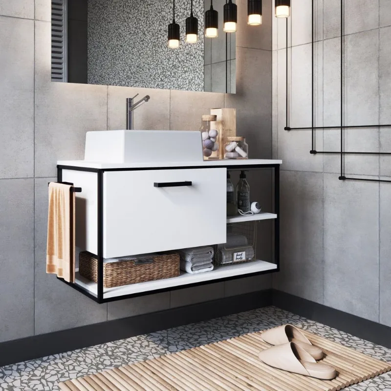 Gabinete Suspenso para Banheiro 80cm com Cuba Branco/Preto Preto/Branco