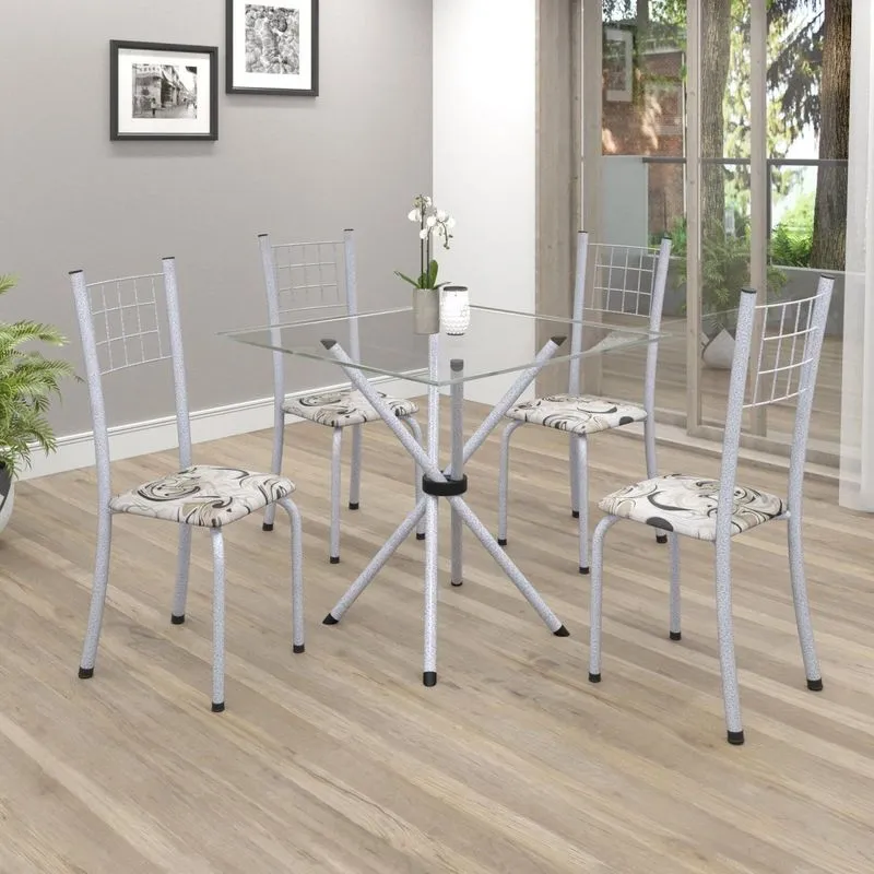Conjunto De Mesa Tubular 70x70cm Tampo Em Vidro Com 4 Cadeiras Dany Soma Móveis Arabesco/martelado Perola/incolor