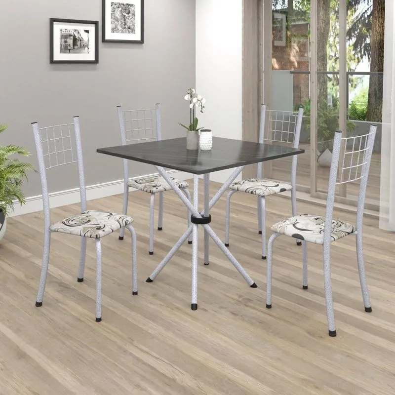 Conjunto De Mesa Tubular 70x70cm Tampo Em Ardósia Com 4 Cadeiras Dany Soma Móveis Arabesco/martelado Perola/indiano