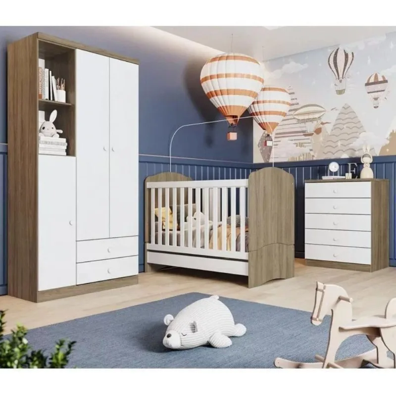 Quarto de Bebê com 1 Guarda Roupa 1 Cômoda e Berço 3 em 1 Abracadabra Espresso Móveis Branco/Rú Rústico/Branco