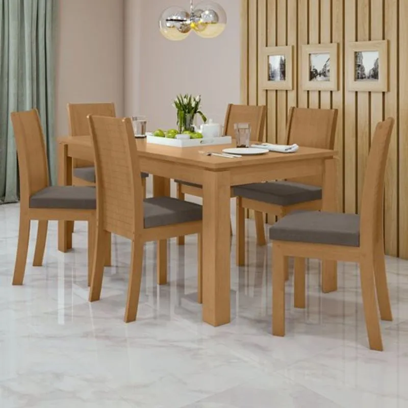 Conjunto Mesa 180x90cm Tampo MDP 6 Cadeiras Athenas Móveis Lopas Amêndoa Clean/suede Animale Bege