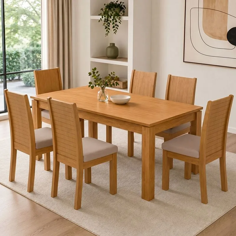 Conjunto Mesa 180x90cm Tampo Mdf 6 Cadeiras Athenas Móveis Lopas Amêndoa Clean/veludo Naturale Creme