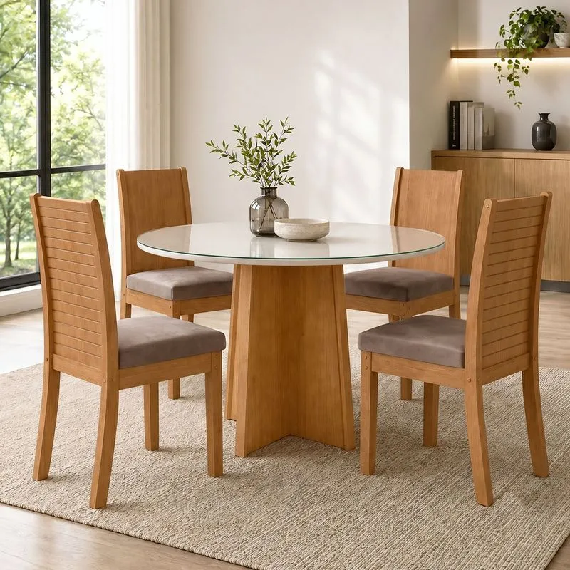 Conjunto Mesa Celebrare 100x100cm Tampo Mdf 4 Cadeiras Athenas Móveis Lopas Amêndoa Clean/off White/suede Animale Bege