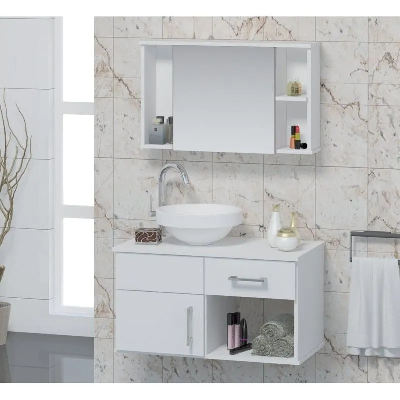 Conjunto Gabinete Para Banheiro Com Cuba E Espelheira Stilo Contarini Branco