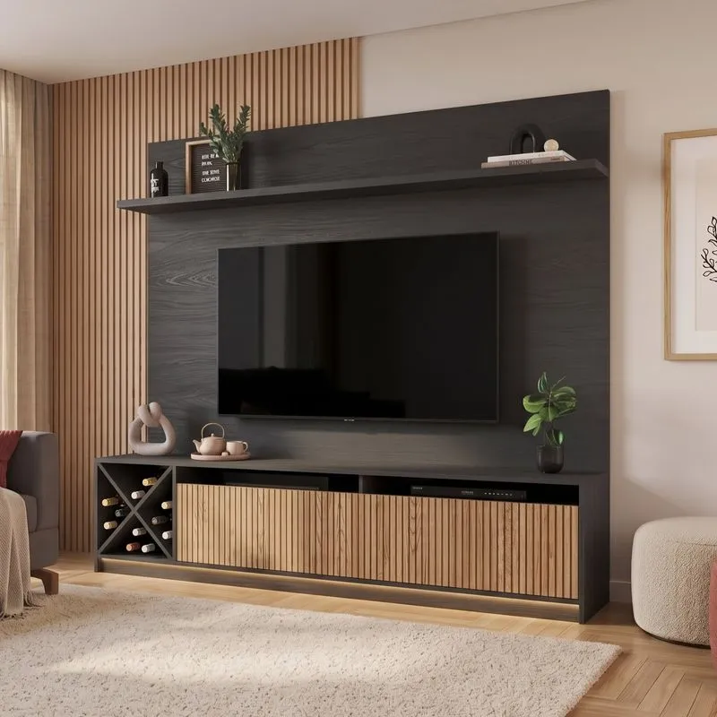 Rack Impressão Ripado Com Painel Para Tv Até 60 Polegadas E Ageda Trento Quiditá Preto/brise