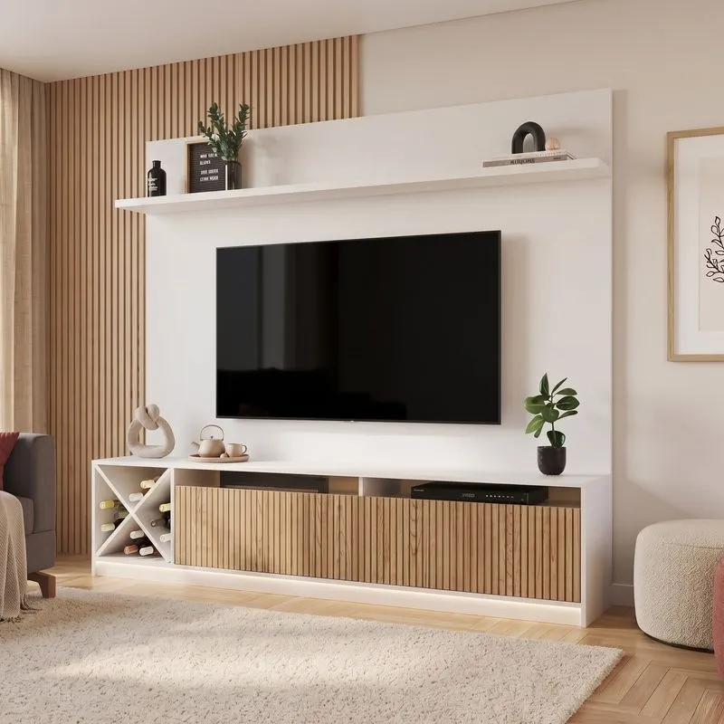 Rack Com Impressão Ripado Painel Para Tv Até 50 Polegadas 2 Portas Adega Roma Quiditá Branco/brise