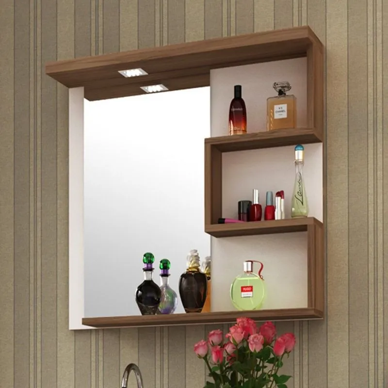 Armário Para Banheiro Com Espelho E Luminária Led 68cm Veneza Móveis Bosi Branco/nogal