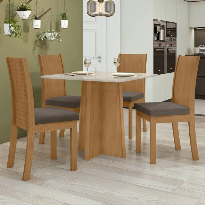 Conjunto Mesa Celebrare 90cm Tampo Mdf 4 Cadeiras Athenas Móveis Lopas Amêndoa Clean/off White/suede Animale Bege