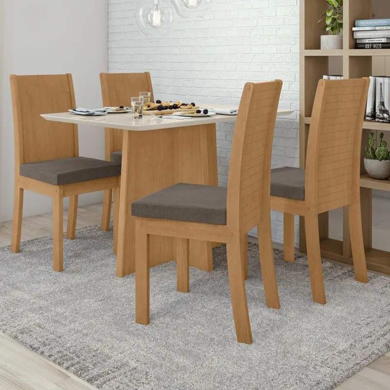 Conjunto Mesa Celebrare 120cm Tampo Mdf 4 Cadeiras Athenas Móveis Lopas Amêndoa Clean/off White/suede Animale Bege