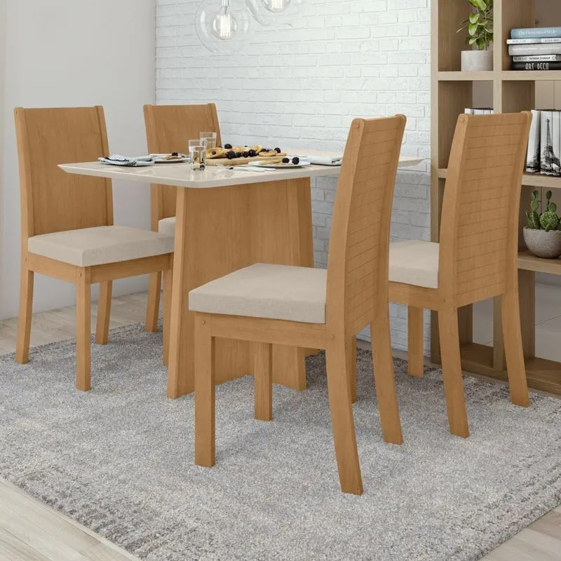 Conjunto Mesa Celebrare 120cm Tampo Mdf 4 Cadeiras Athenas Móveis Lopas Amêndoa Clean/off White/linho Rinzai Bege