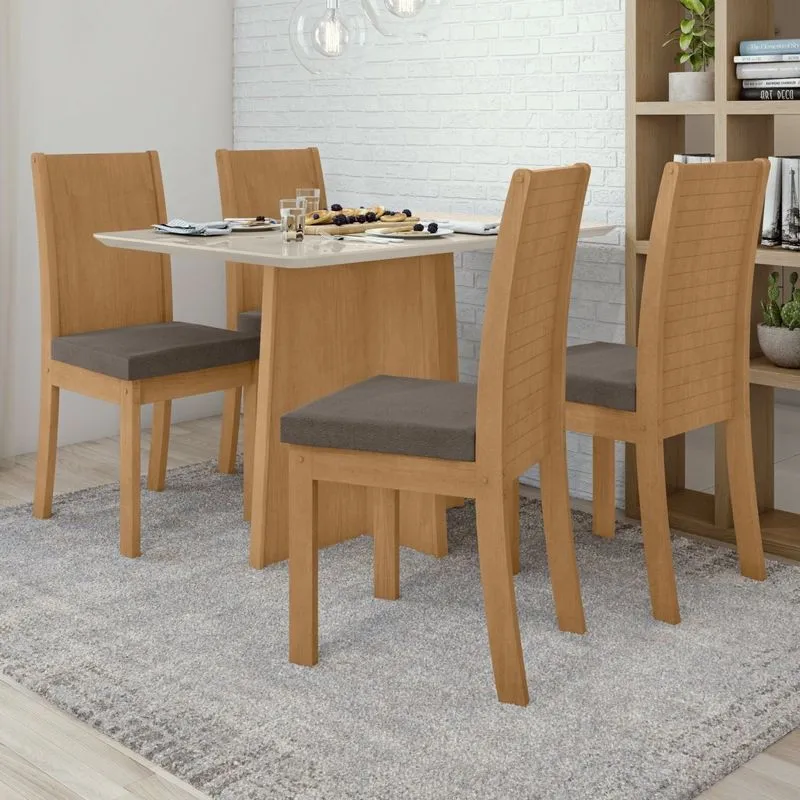 Conjunto Mesa Celebrare 120cm Tampo Mdf/vidro 4 Cadeiras Athenas Móveis Lopas Amêndoa Clean/off White/suede Animale Bege