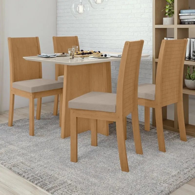 Conjunto Mesa Celebrare 120cm Tampo Mdf/vidro 4 Cadeiras Athenas Móveis Lopas Amêndoa Clean/off White/veludo Naturale Creme