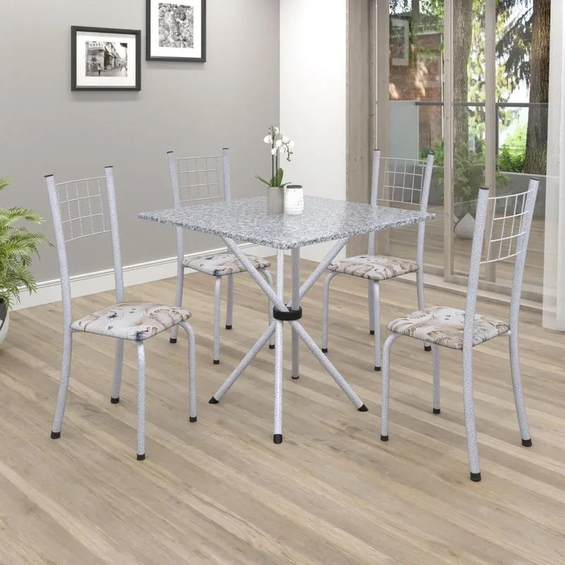 Conjunto De Mesa Tubular 70x70cm Tampo Em Granito Com 4 Cadeiras Dany Soma Móveis Botanic Bege/martelado Pérola/granito Ocre