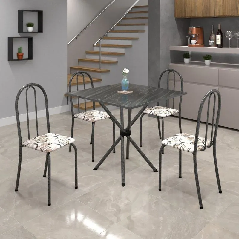 Conjunto De Mesa Tubular 70x70cm Tampo Em Ardósia Com 4 Cadeiras Ane B Soma Móveis Arabesco/mart Prata/ Ardósia Indiano