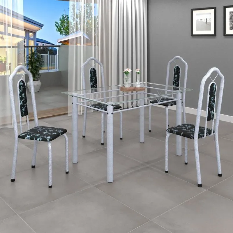 Conjunto De Mesa 120x75cm Tampo Vidro Com 4 Cadeiras Bianca Soma Móveis Preto Floral/mart Pérola/vidro Incolor