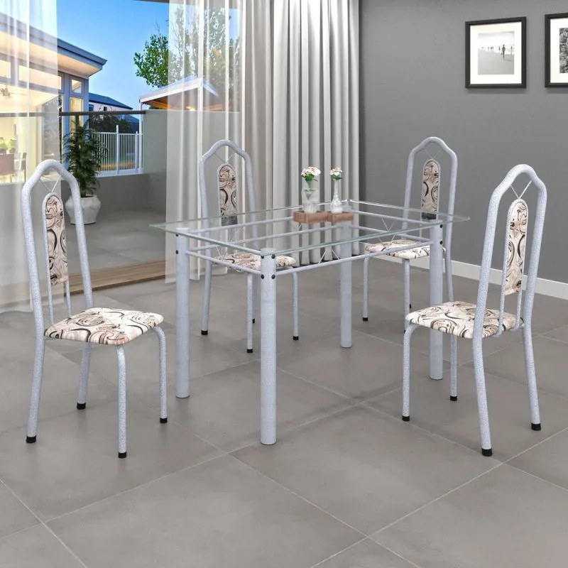 Conjunto De Mesa 120x75cm Tampo Vidro Com 4 Cadeiras Bianca Soma Móveis Arabesco/mart Pérola/vidro Incolor