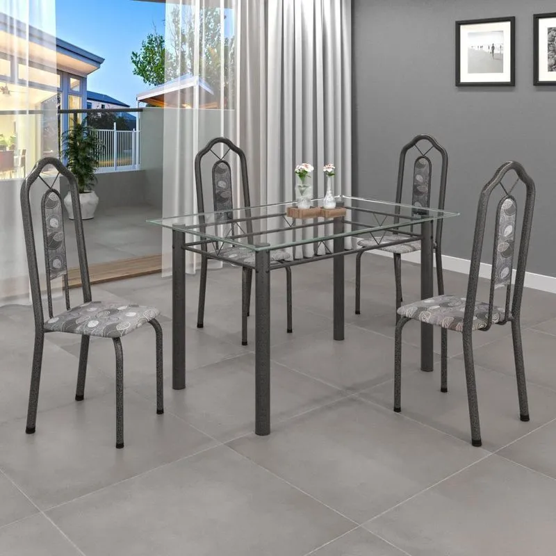 Conjunto De Mesa 120x75cm Tampo Vidro Com 4 Cadeiras Bianca Soma Móveis Paraopeba/mart Prata/vidro Incolor