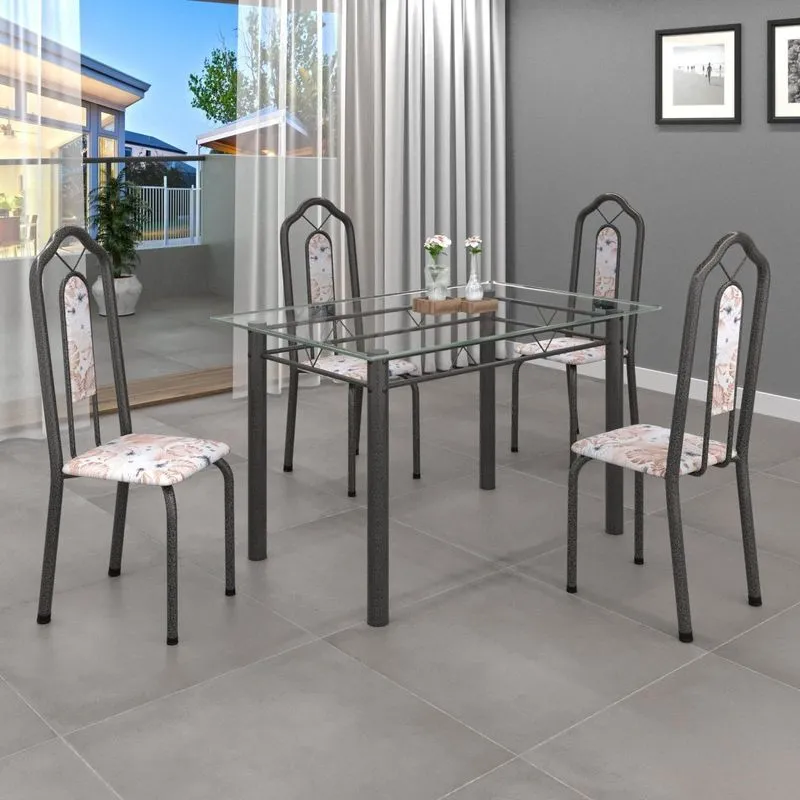 Conjunto De Mesa 120x75cm Tampo Vidro Com 4 Cadeiras Bianca Soma Móveis Botanic Bege/mart Prata/vidro Incolor