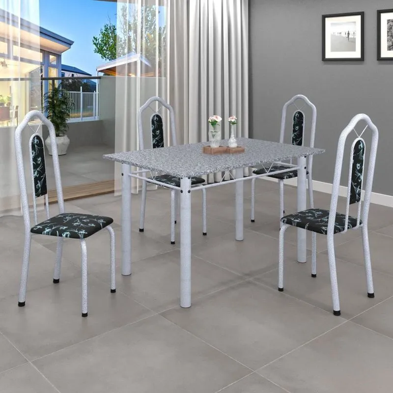 Conjunto De Mesa 120x75cm Tampo Granito Com 4 Cadeiras Bianca Soma Móveis Preto Floral/mart Pérola/granito