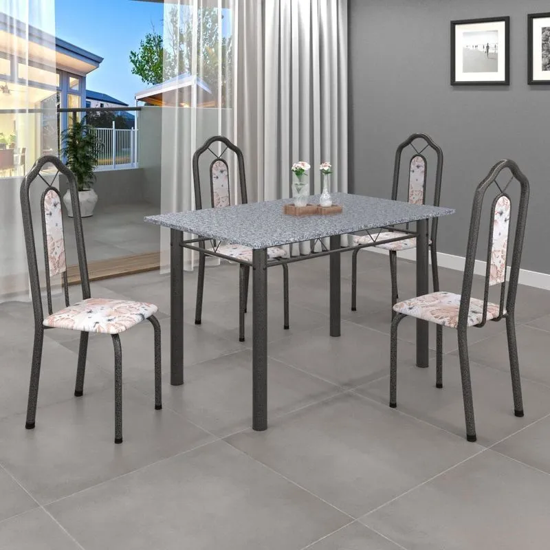 Conjunto De Mesa 120x75cm Tampo Granito Com 4 Cadeiras Bianca Soma Móveis Botanic Bege/mart Prata/granito Ocre