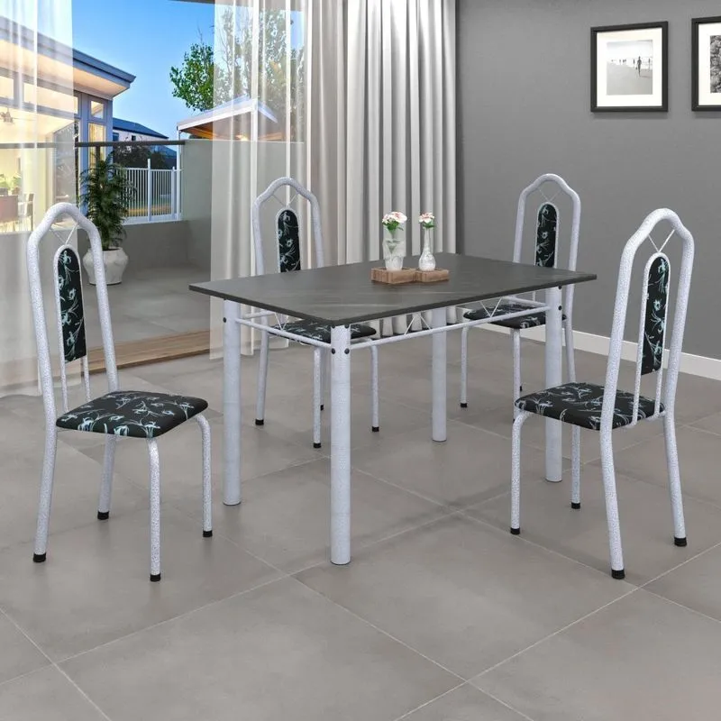 Conjunto De Mesa 120x75cm Tampo Ardósia Com 4 Cadeiras Bianca Soma Móveis Preto Floral/mart Pérola/ardósia Indiano