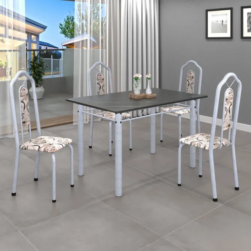 Conjunto De Mesa 120x75cm Tampo Ardósia Com 4 Cadeiras Bianca Soma Móveis Arabesco/mart Pérola/ardósia Indiano