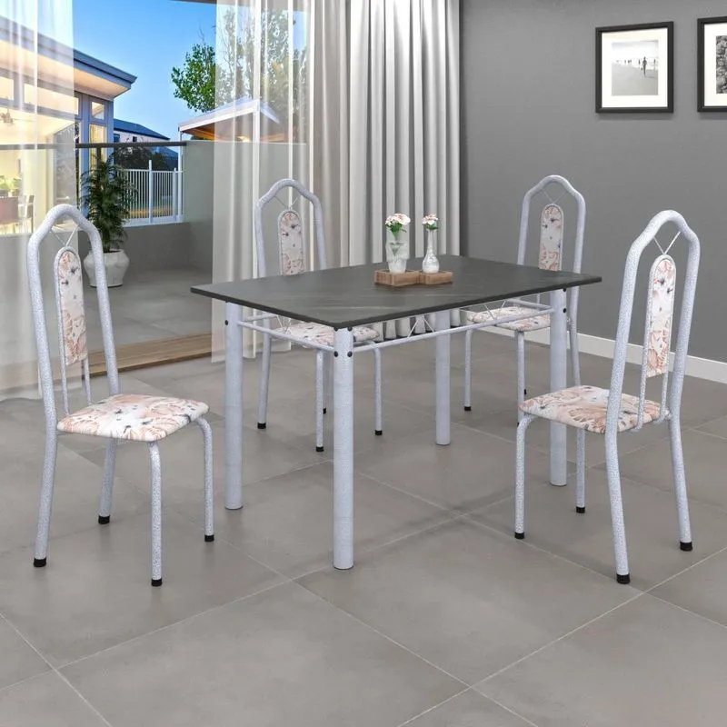 Conjunto De Mesa 120x75cm Tampo Ardósia Com 4 Cadeiras Bianca Soma Móveis Botanic Bege/mart Pérola/ Ardósia Indiano