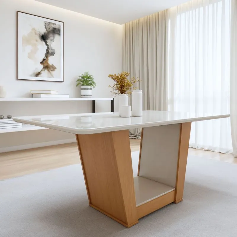 Mesa De Jantar 160x80cm Tampo Mdf/vidro Apogeu Móveis Lopas Amêndoa Clean/off White