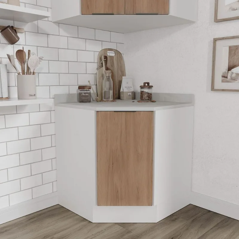 Balcão Canto Oblíquo Planejado com Tampo e Rodapé Ipanema CabeCasa MadeiraOriginals Acácia/Branco
