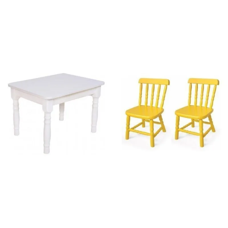 Conjunto Infantil Mesa 68x52cm com 2 Cadeiras Madeira Maciça Amarelo Branco/Amarelo
