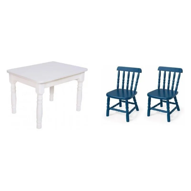 Conjunto Infantil Mesa 68x52cm com 2 Cadeiras Madeira Maciça Azul Branco/Azul