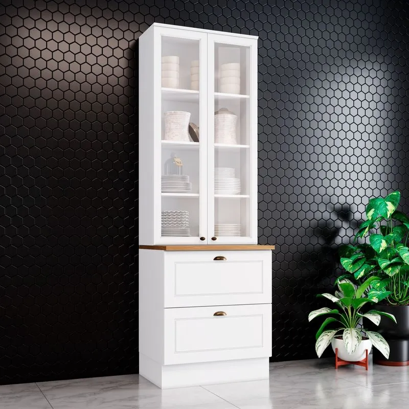 Paneleiro 2 Portas De Vidro 2 Gavetas Branco Com Tampo Americana Branco/nature