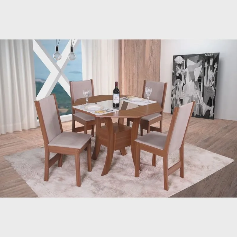 Conjunto Sala de Jantar Mesa Oitavada Munique com 4 Cadeiras Nobre