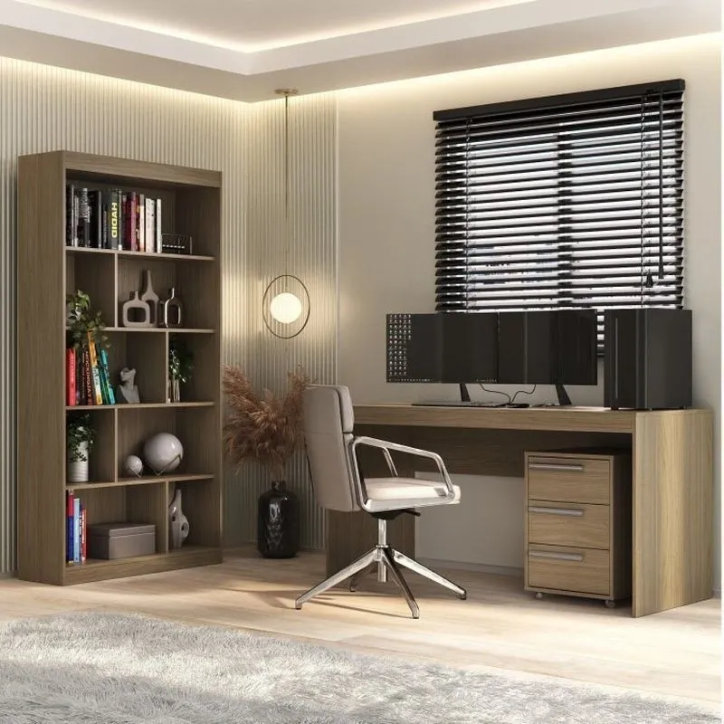 Conjunto Home Office 3 Peças Escrivaninha 150cm Com Gaveteiro E Estante Espresso Móveis Avelã Tx