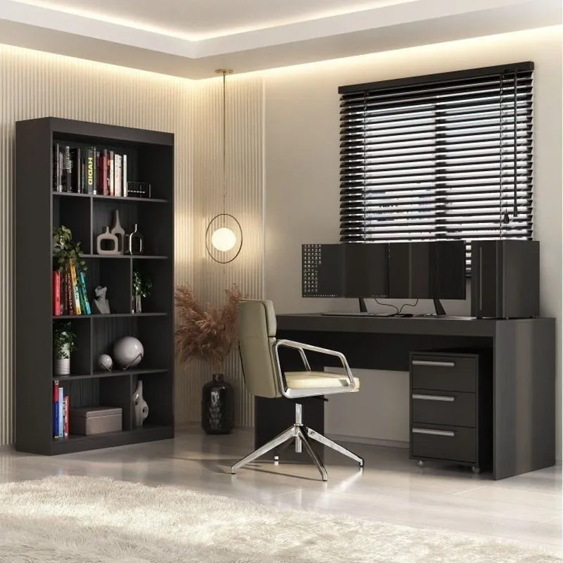 Conjunto Home Office 3 Peças Escrivaninha 150cm Com Gaveteiro E Estante Espresso Móveis Ônix Tx