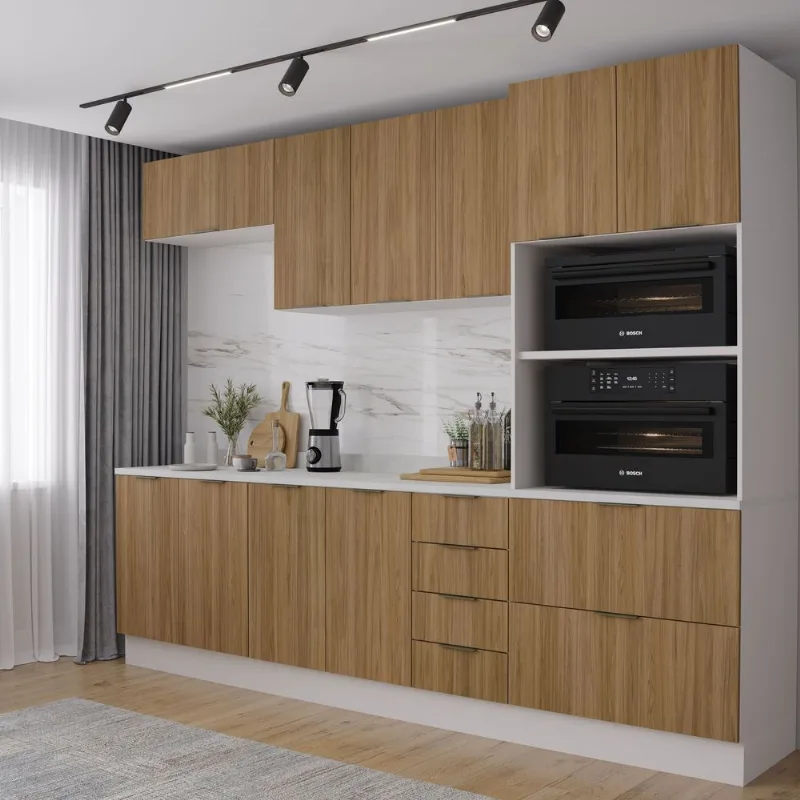 Cozinha Planejada com Tampo 2 Aéreos 2 Balcões 1 Torre Quente Ipanema CabeCasa MadeiraOriginals Ma Acácia e Branco