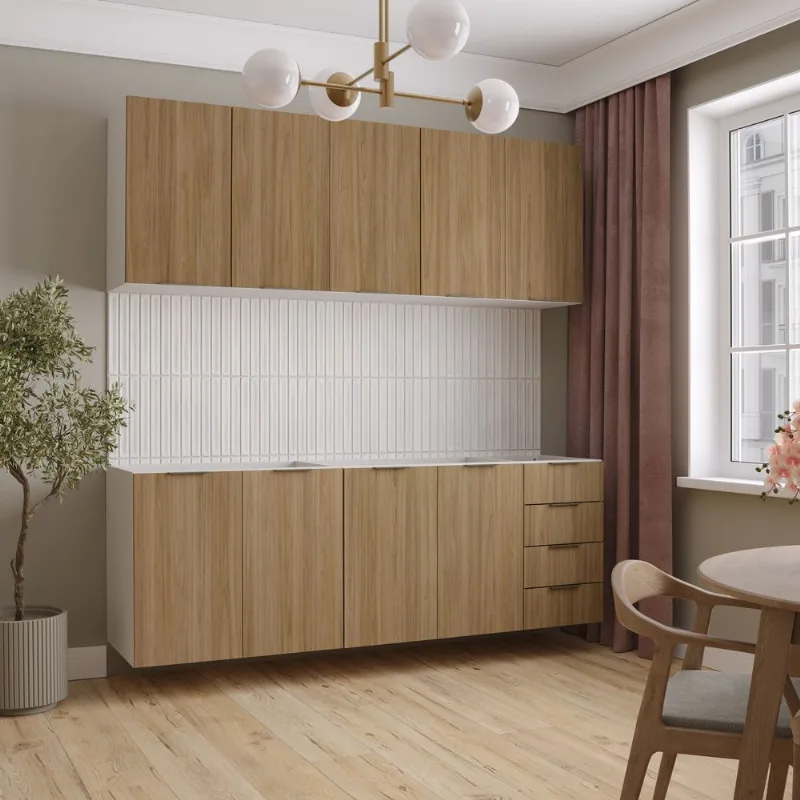 Cozinha Planejada 4 Peças sem Tampo 2 Aéreos e 2 Balcões Ipanema CabeCasa MadeiraOriginals Marrom Branco/Acácia