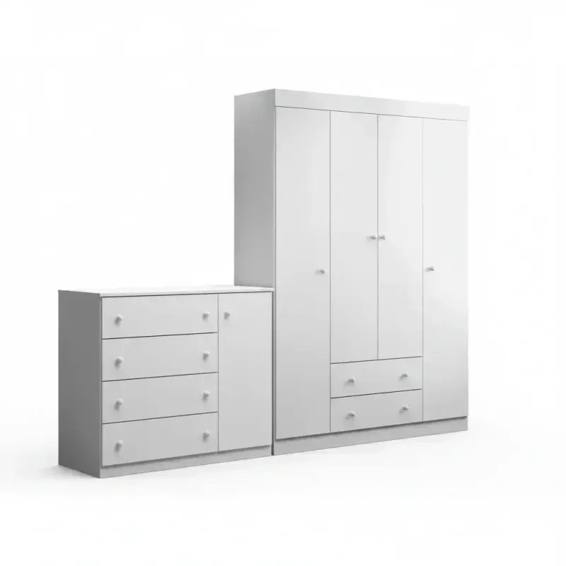 Quarto Para Bebê Infantil com 01 Guarda Roupa 4 Portas 2 Gavetas com 01 Cômoda 4 Gavetas 1 Porta Helena Branco