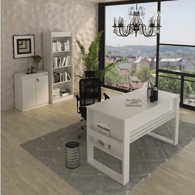 Kit 3 Peças Mesa para Escritório 127cm, Armário Multiuso e Estante Espresso Móveis