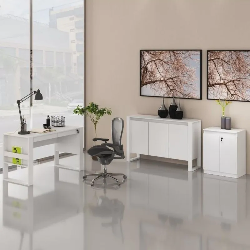 Kit 3 Peças com Mesa para Escritório 127cm, Armário Multiuso Baixo e Balcão para Escritório